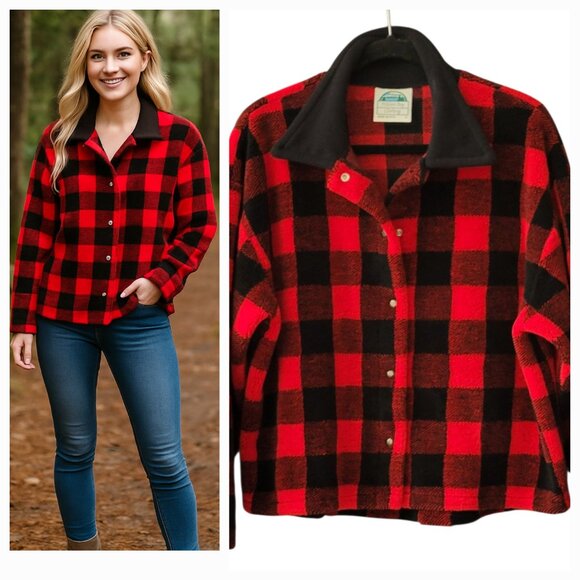 VTG Hidden Bay Made in USA Buffalo Plaid Lumberjack Fleece Snap Front Jacket - Picture 7 of 11